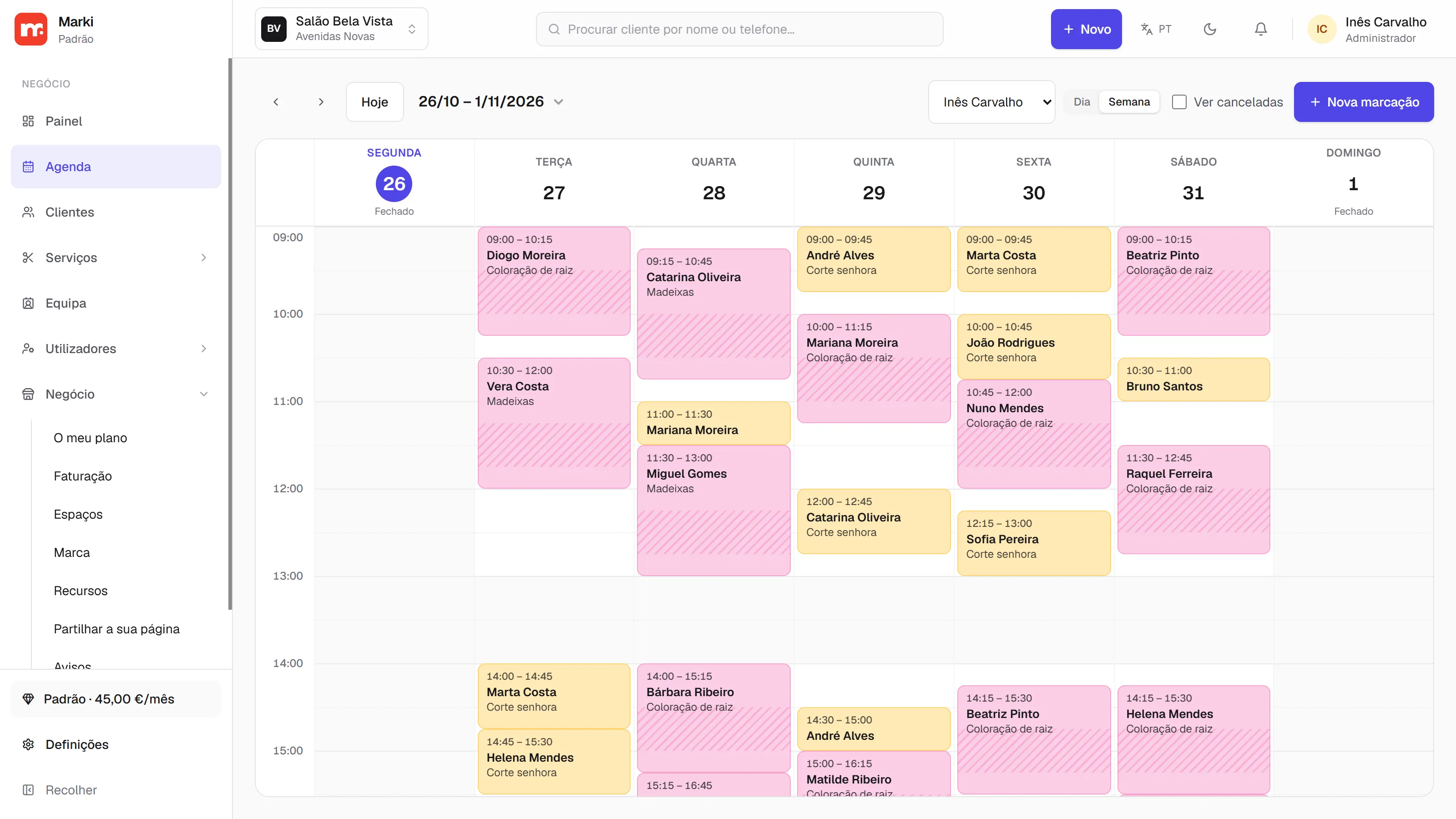 Captura do painel — agenda do dia com a equipa