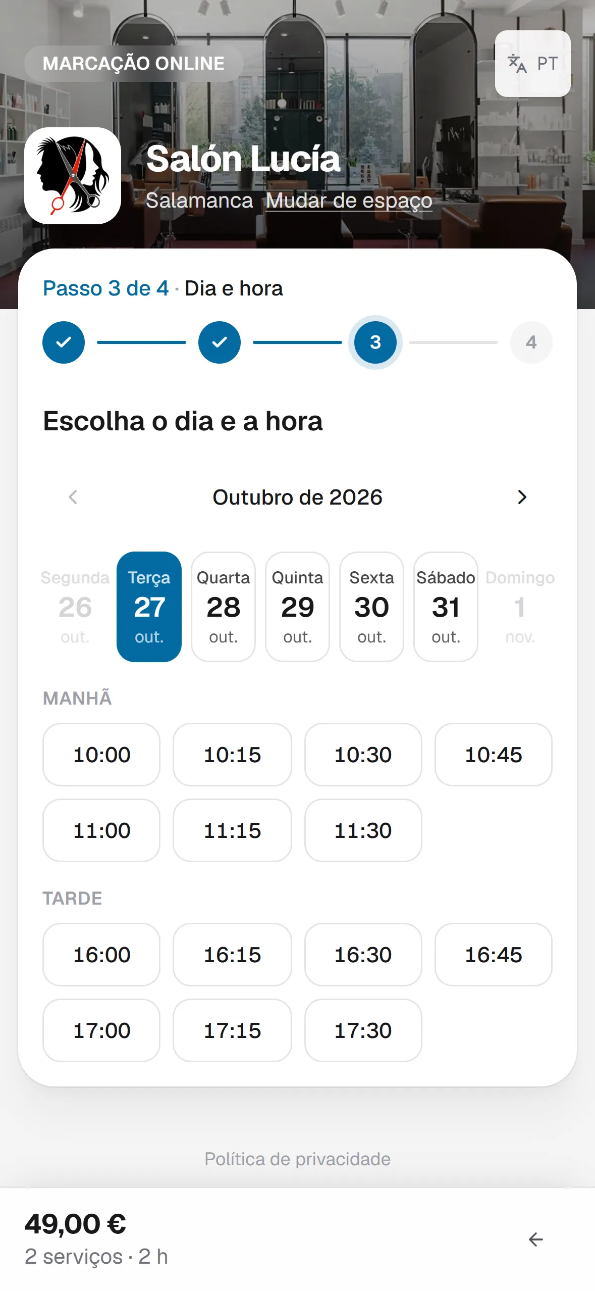 página de marcação do cliente (telemóvel)