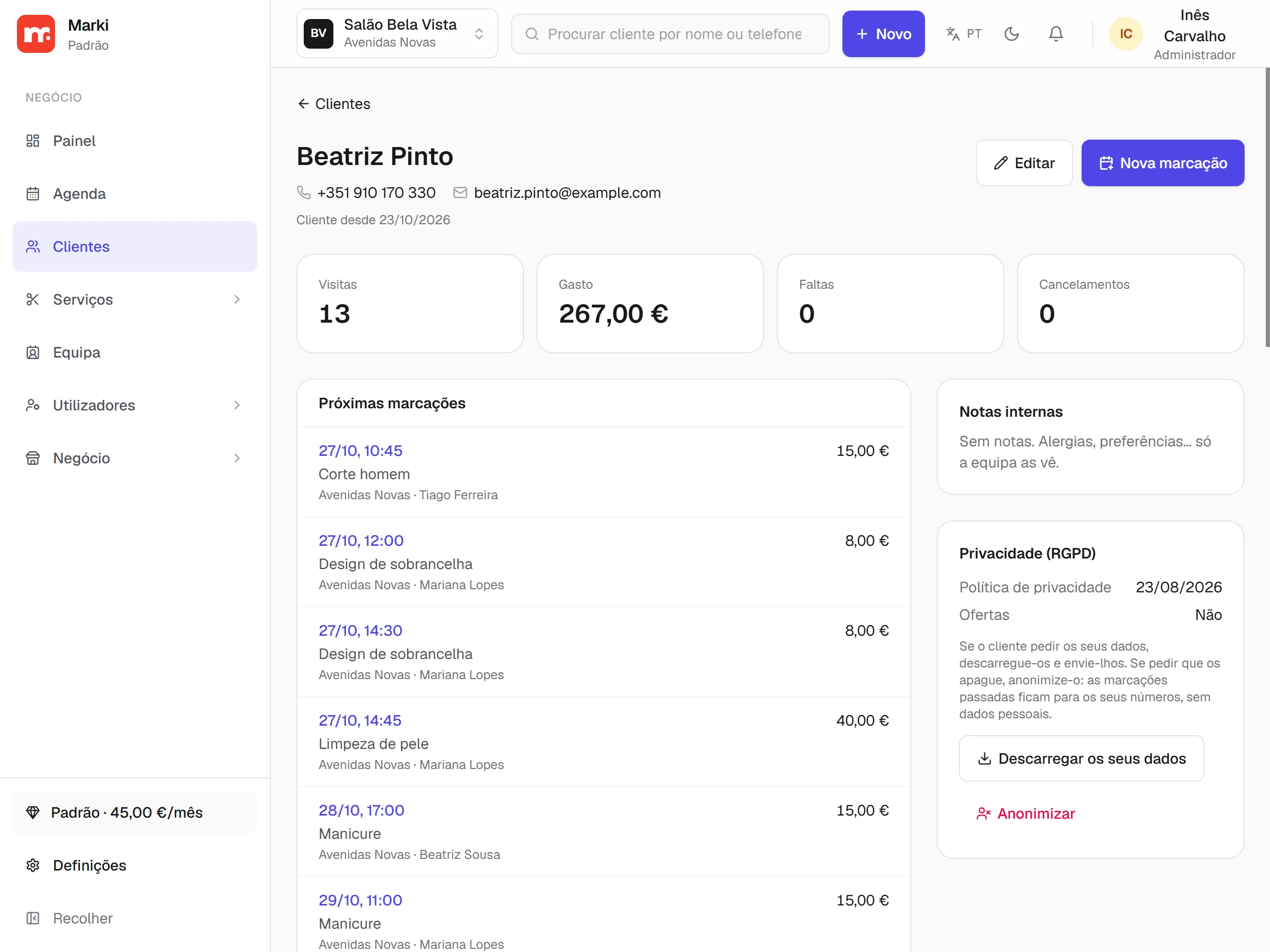 ficha de cliente com histórico