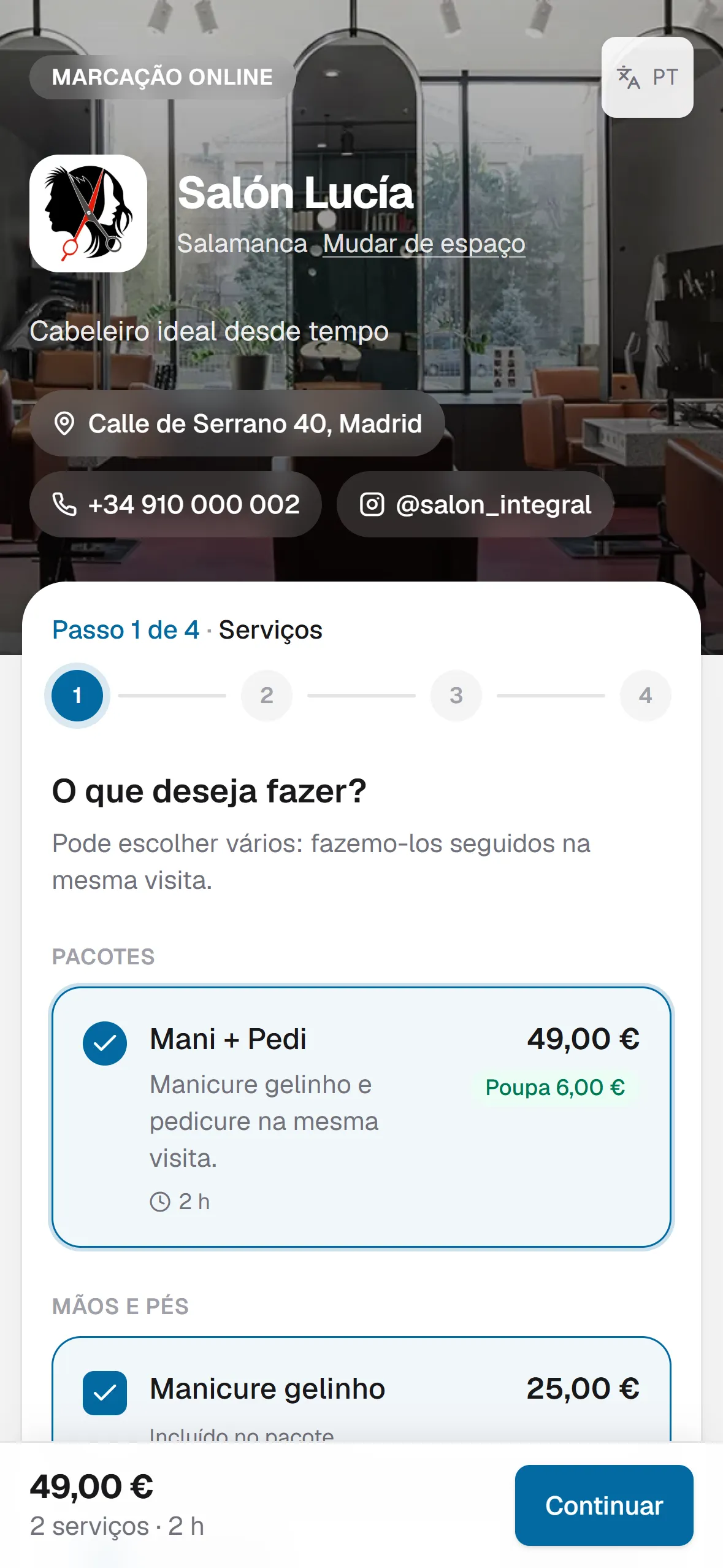página de marcação do cliente (telemóvel)